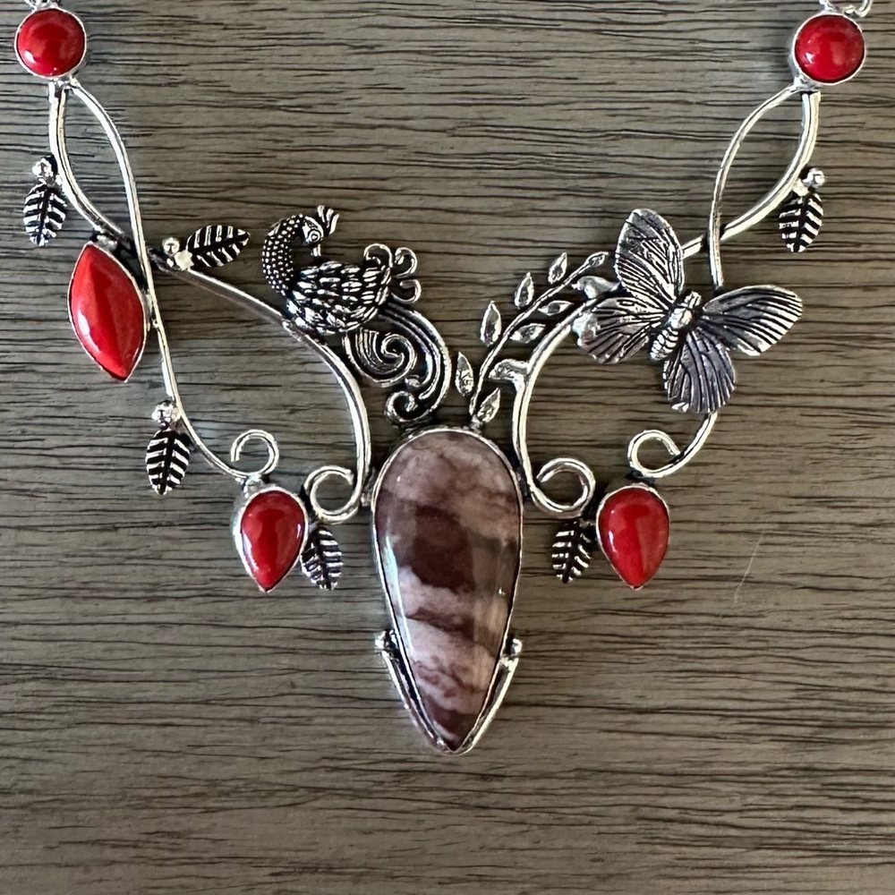 0632 Hand Crafted Silver & Red Peacock Statement Necklace with Filigree Accents - Picture 4 of 11